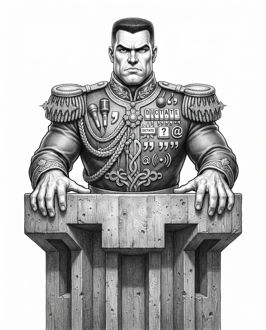 Pencil illustration of a stern general gripping a brutalist concrete podium, his uniform covered in punctuation badges